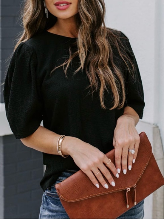 Tops - Black Puff Sleeve Women’s Top - Elegant Everyday Tee